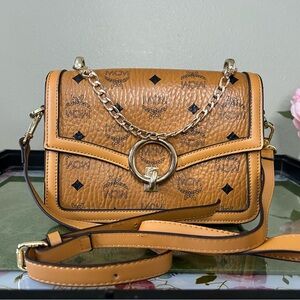 MCM Cognac Logo Leather 3- way Crossbody w/Twist Lock Closure & Removable Strap